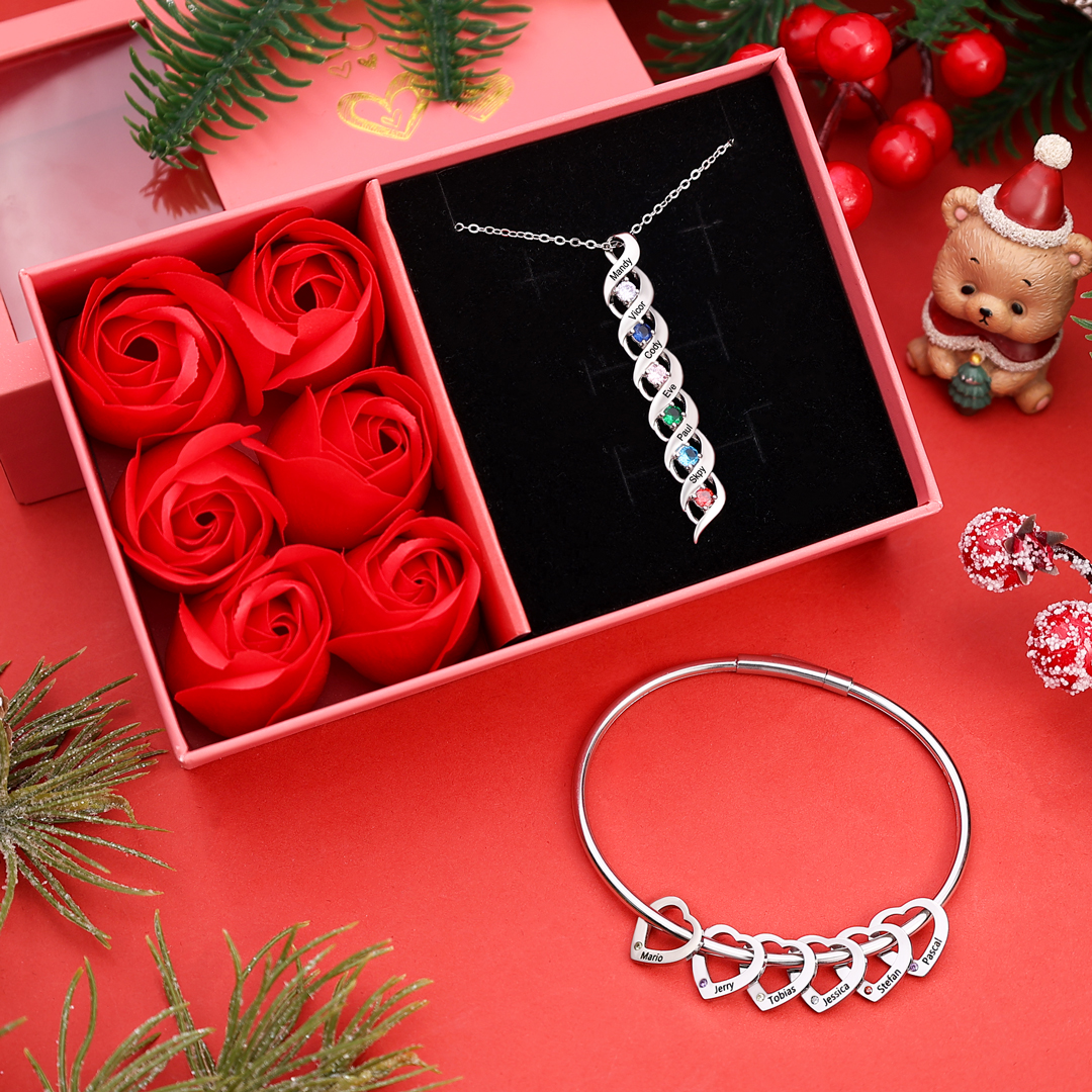 6 Names-Personalized Heart Bracelet & Necklace Set With 6 Birthstones Bangle Engraved Names Bracelet & Necklace Gift For Women