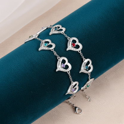 1-7 Names-Personalized Silver Heart Bracelet With 5 Birthstones Bangle Engraved Names Bangle For Her | Jessemade