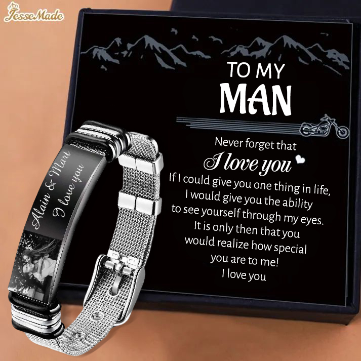 To My Man - Personalized Men's Photo Bracelet Custom Photo ID Bar Watchband Bangle Gifts For Men | Jessemade