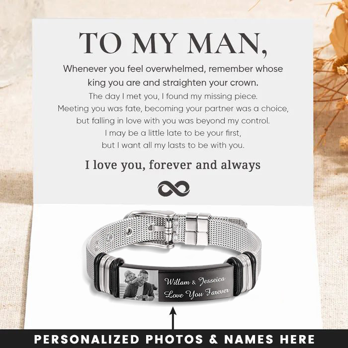 To My Man Personalized Men's Photo Bracelet Custom Photo ID Bar Watchband Bangle Gifts For Men | Jessemade