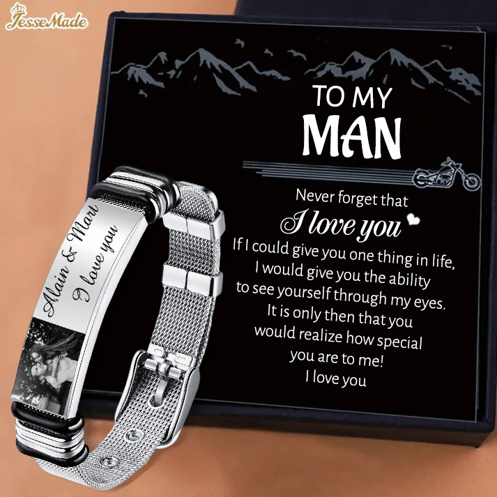 To My Man - Personalized Men's Photo Bracelet Custom Photo ID Bar Watchband Bangle Gifts For Men | Jessemade
