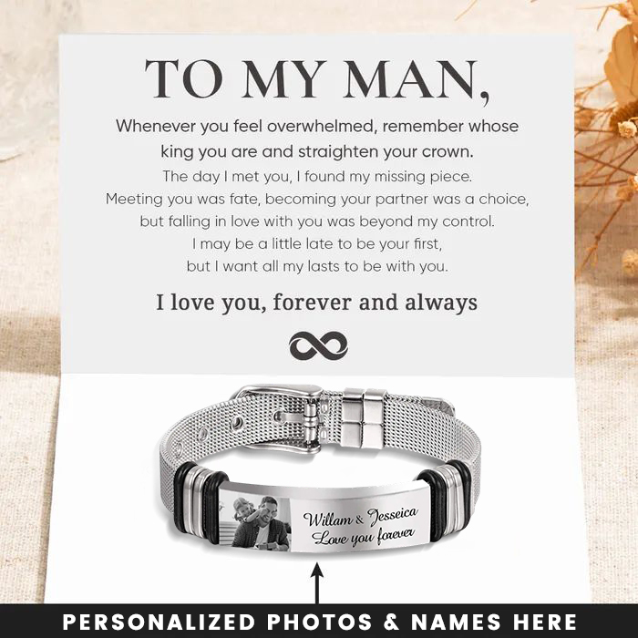 To My Man Personalized Men's Photo Bracelet Custom Photo ID Bar Watchband Bangle Gifts For Men | Jessemade