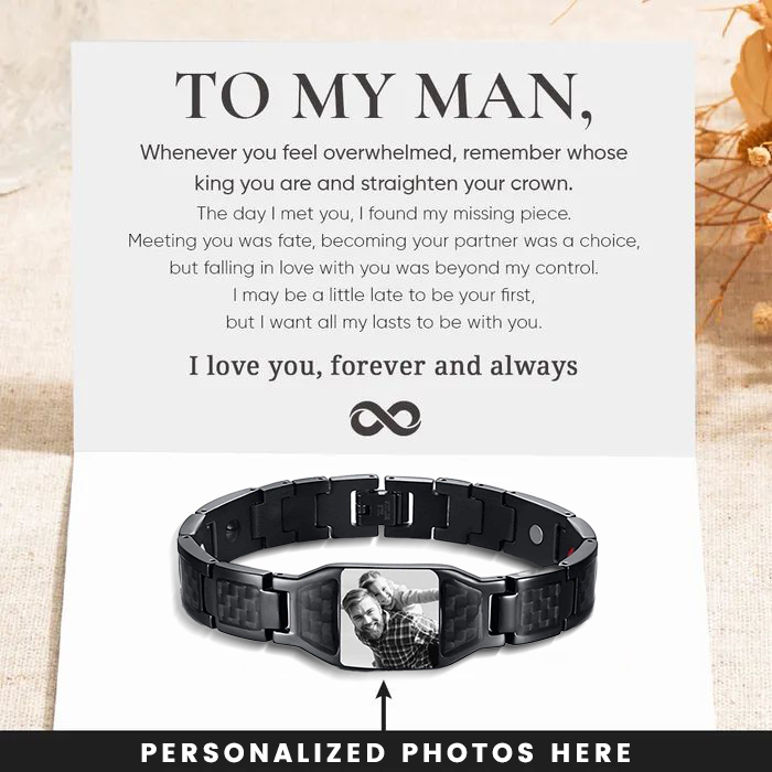 To My Man Personalized Carbon Fiber Energy Bracelet Gift Set, Custom Photo ID Bar Men's Bracelet Bangle Gifts For Him | Jessemade