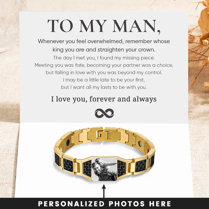 To My Man Personalized Carbon Fiber Energy Bracelet Gift Set, Custom Photo ID Bar Men's Bracelet Bangle Gifts For Him | Jessemade