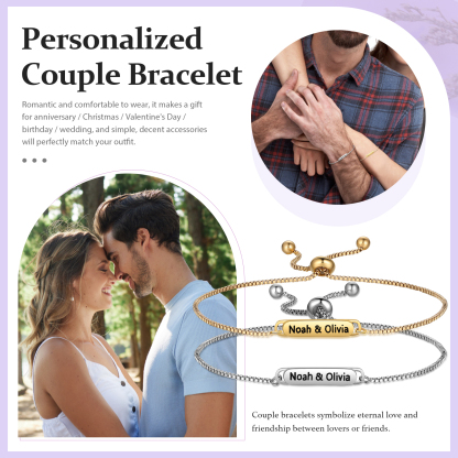 Personalised Couple Bracelet Set - Customized 2 Names, Gold and Silver Adjustable Bracelets, Valentine’s Day Gift for Couples | Jessemade