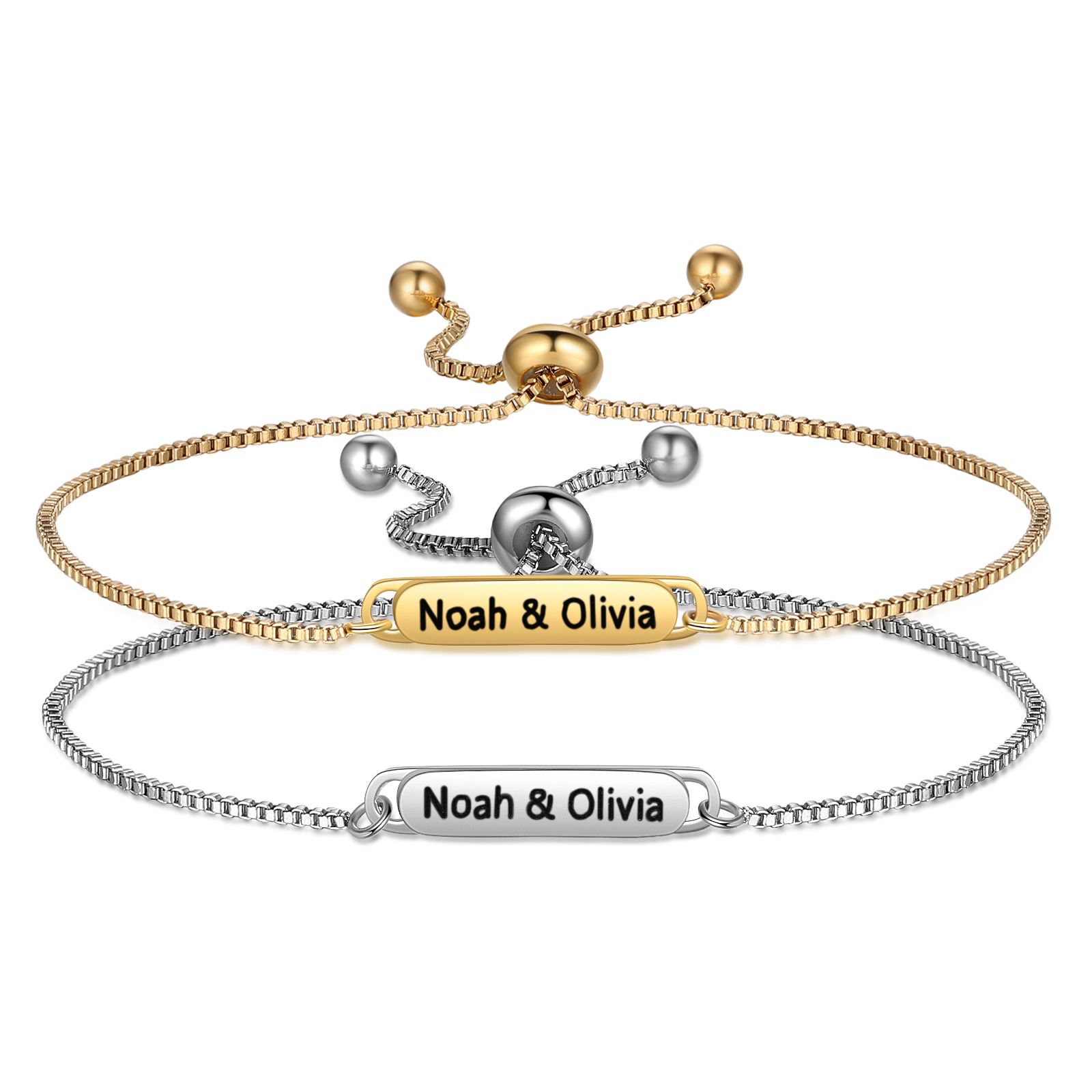 Personalised Couple Bracelet Set - Customized 2 Names, Gold and Silver Adjustable Bracelets, Valentine’s Day Gift for Couples | Jessemade