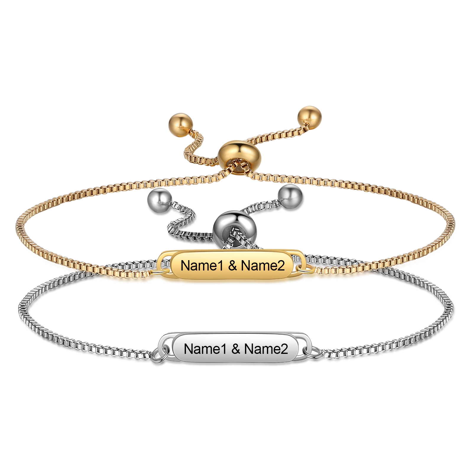 Personalised Couple Bracelet Set - Customized 2 Names, Gold and Silver Adjustable Bracelets, Valentine’s Day Gift for Couples | Jessemade