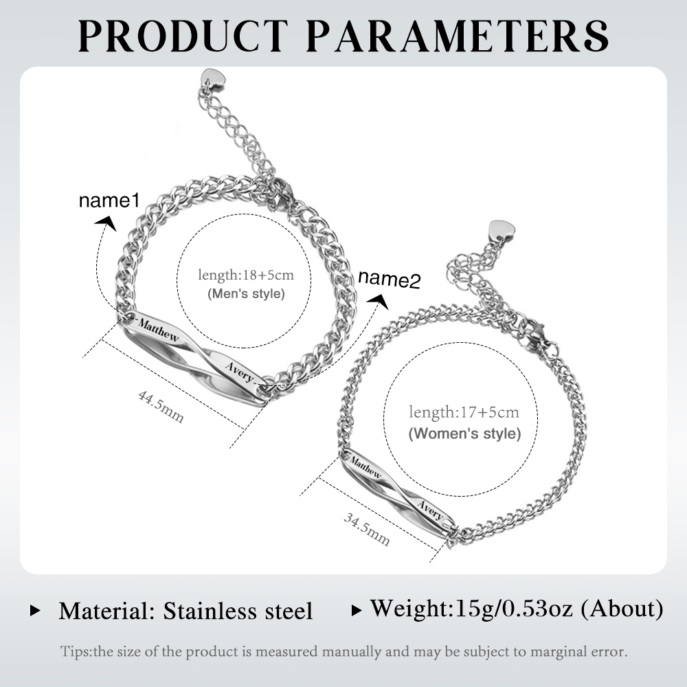 Personalised Couple Bracelet Set - Customized 2 Names Stainless Steel Bracelet Valentine's Day Gift for Couples | Jessemade