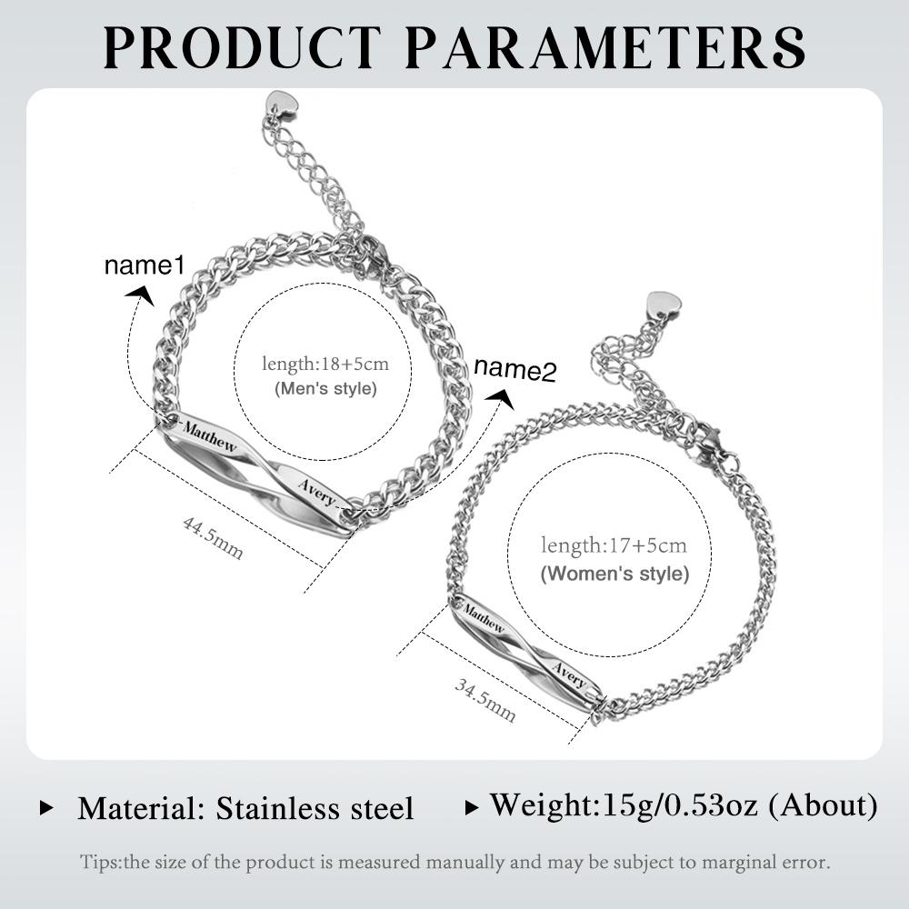 Personalised Couple Bracelet Set - Customized 2 Names Stainless Steel Bracelet Valentine's Day Gift for Couples | Jessemade