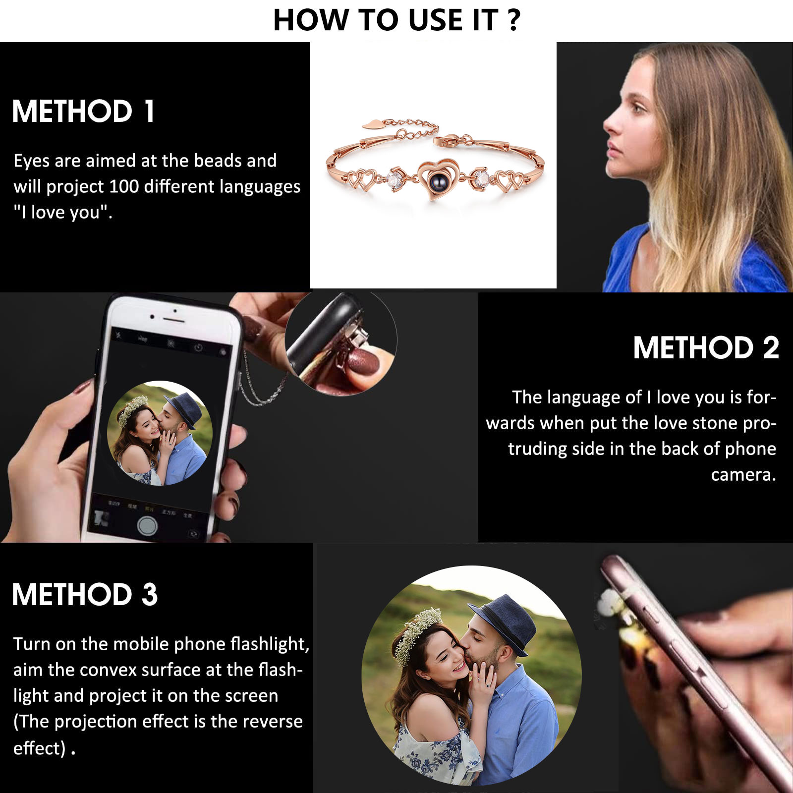 Personalised Projection Bracelet Customized Color Photo Bracelet Heart-shaped Adjustable Couple Bracelet for Her | Jessmade