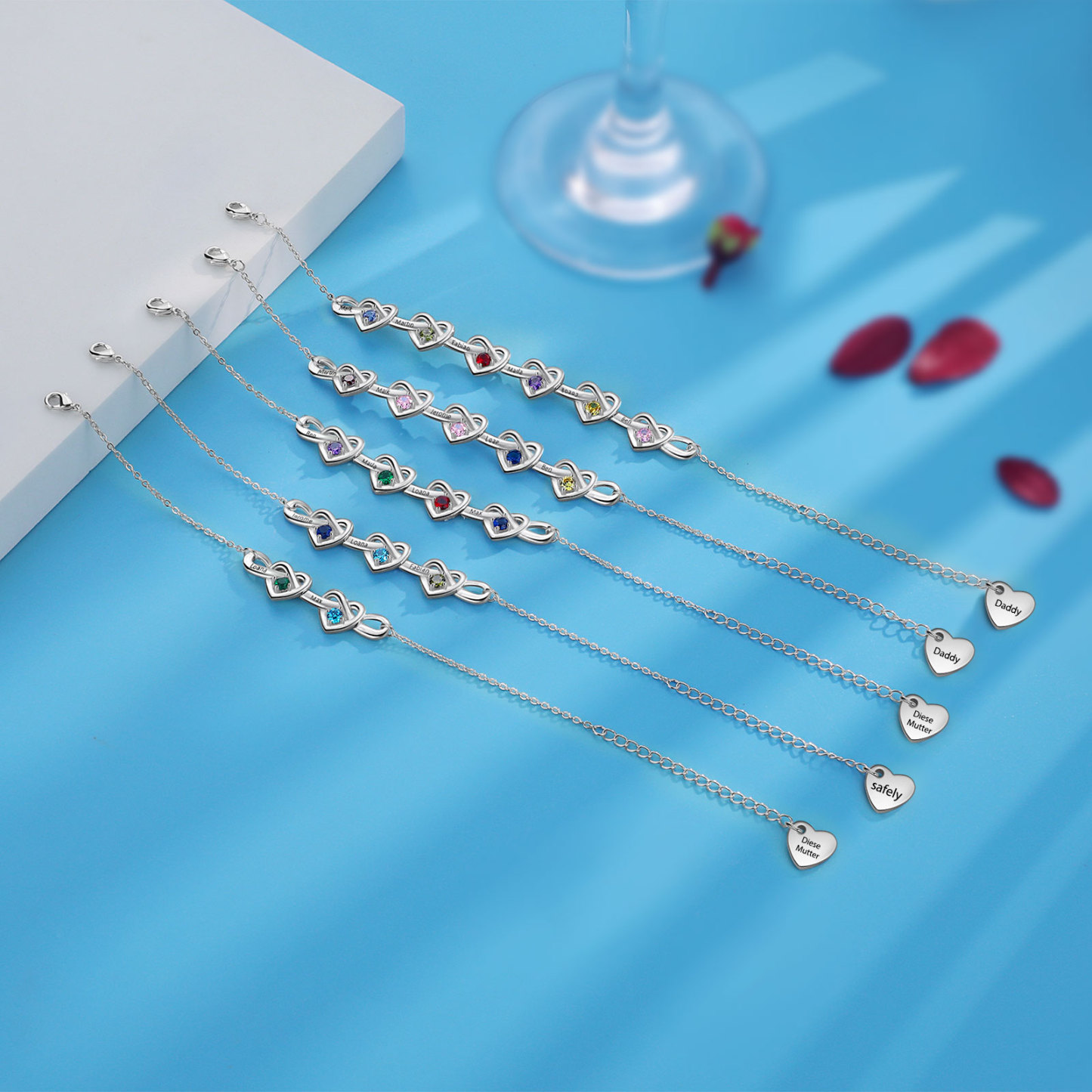 [Copy]Personalised Women’s Birthstone Bracelet – Customised with 6 Names, 6 Birthstones & Engraved Text, Heart & Infinity Design – Special Gift for Her | Jessemade