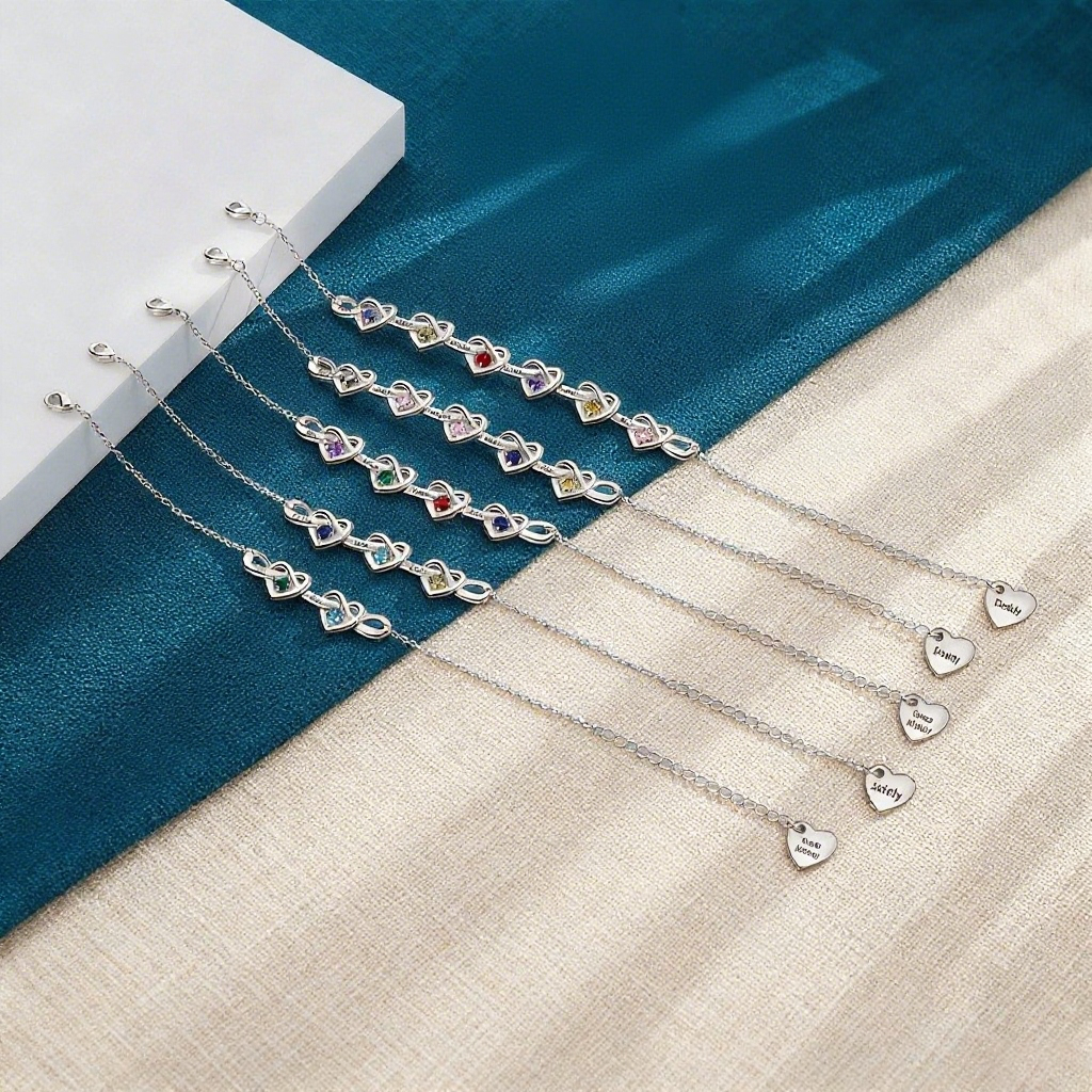 2-8 Names-Personalized Linked Heart Bracelet With 3 Birthstones Engraved Names And Text Bangle For Her | Jessemade