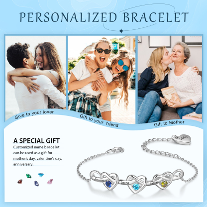 Personalised Women’s Birthstone Bracelet – Customised with 3 Names, 3 Birthstones & Engraved Text, Heart & Infinity Design – Valentine’s Day Gift for Her | Jessemade