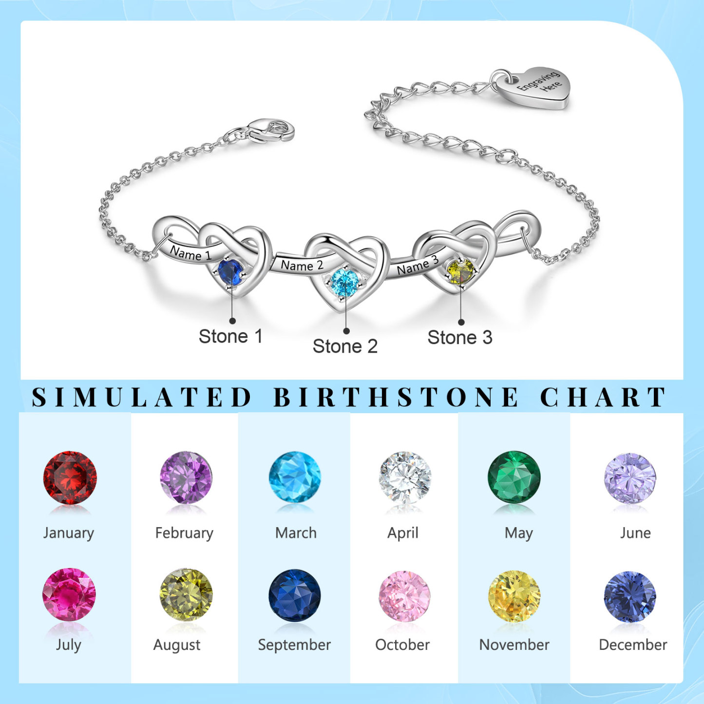 3 Names-Personalized Linked Heart Bracelet With 3 Birthstones Engraved Names And Text Bangle For Her | Jessemade