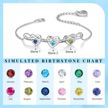 3 Names-Personalized Linked Heart Bracelet With 3 Birthstones Engraved Names And Text Bangle For Her | Jessemade