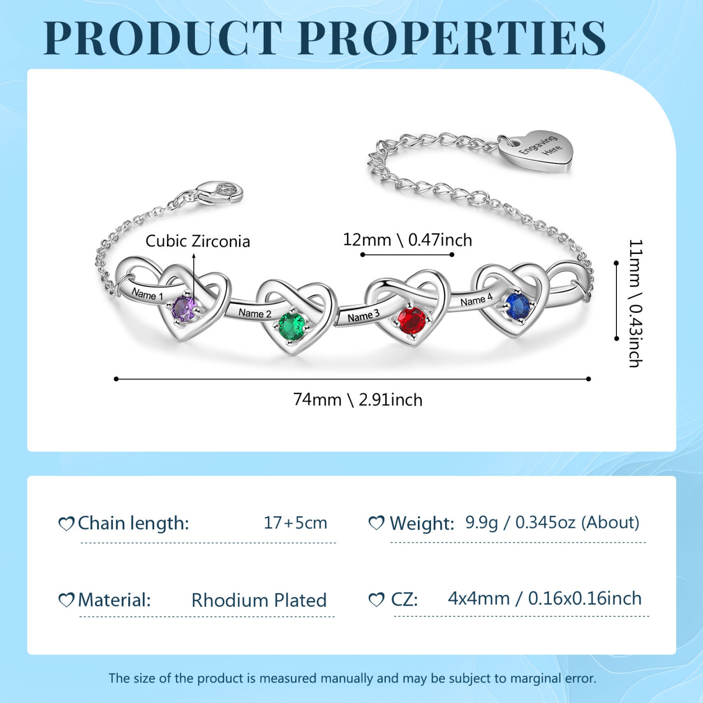 Personalised Women’s Birthstone Bracelet – Customised with 4 Names, 4 Birthstones & Engraved Text, Heart & Infinity Design – Special Gift for Her | Jessemade