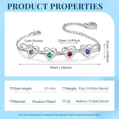 Personalised Women’s Birthstone Bracelet – Customised with 4 Names, 4 Birthstones & Engraved Text, Heart & Infinity Design – Special Gift for Her | Jessemade