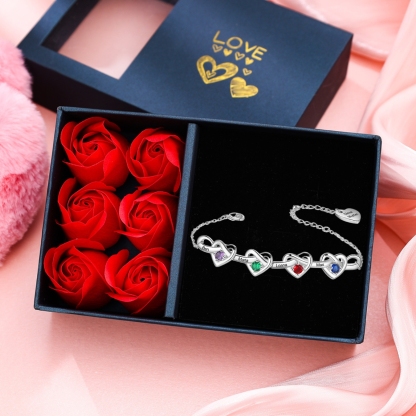 2-8 Names-Personalized Linked Heart Bracelet With 3 Birthstones Engraved Names And Text Bangle For Her | Jessemade