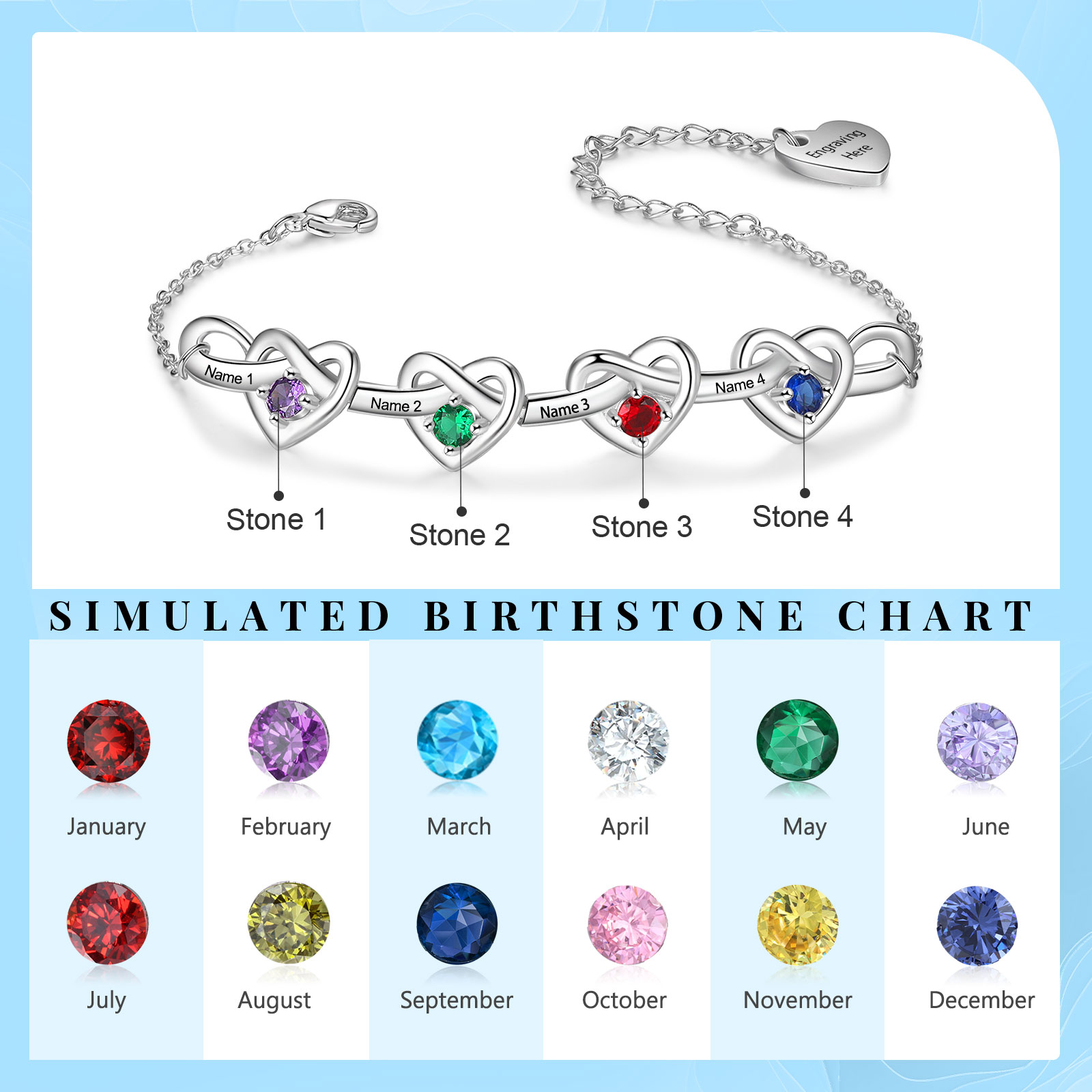 Personalised Women’s Birthstone Bracelet – Customised with 4 Names, 4 Birthstones & Engraved Text, Heart & Infinity Design – Special Gift for Her | Jessemade
