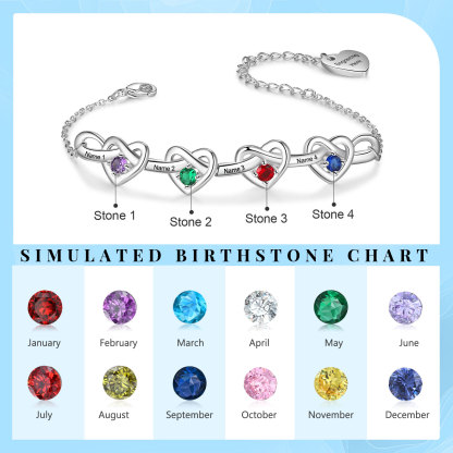 Personalised Women’s Birthstone Bracelet – Customised with 4 Names, 4 Birthstones & Engraved Text, Heart & Infinity Design – Special Gift for Her | Jessemade