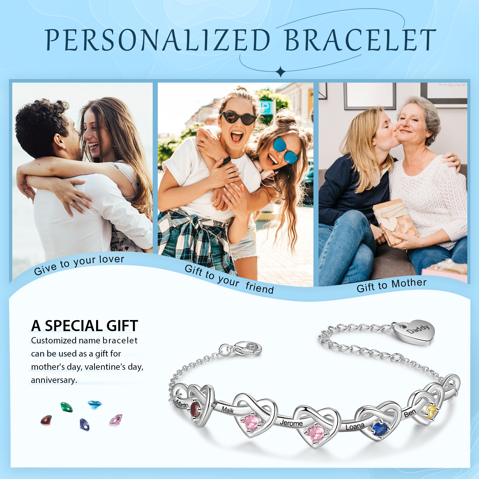 Personalised Women’s Birthstone Bracelet – Customised with 5 Names, 5 Birthstones & Engraved Text, Heart & Infinity Design – Special Gift for Her | Jessemade