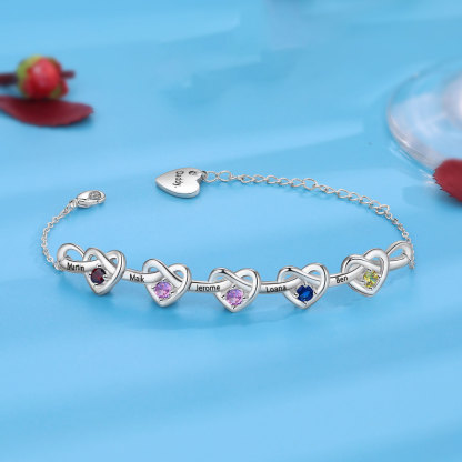 Personalised Women’s Birthstone Bracelet – Customised with 5 Names, 5 Birthstones & Engraved Text, Heart & Infinity Design – Special Gift for Her | Jessemade