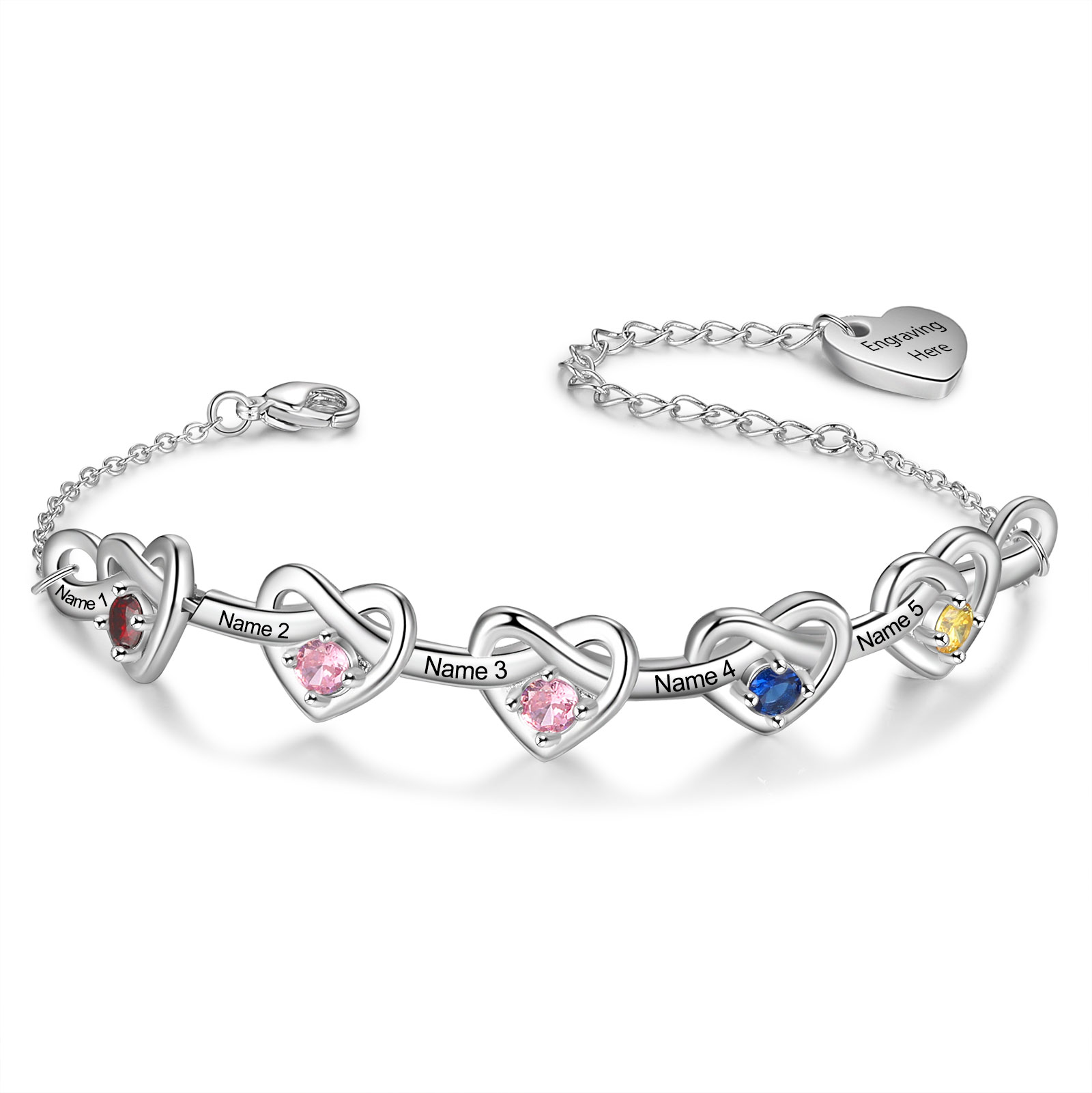 2-8 Names-Personalized Linked Heart Bracelet With 3 Birthstones Engraved Names And Text Bangle For Her | Jessemade