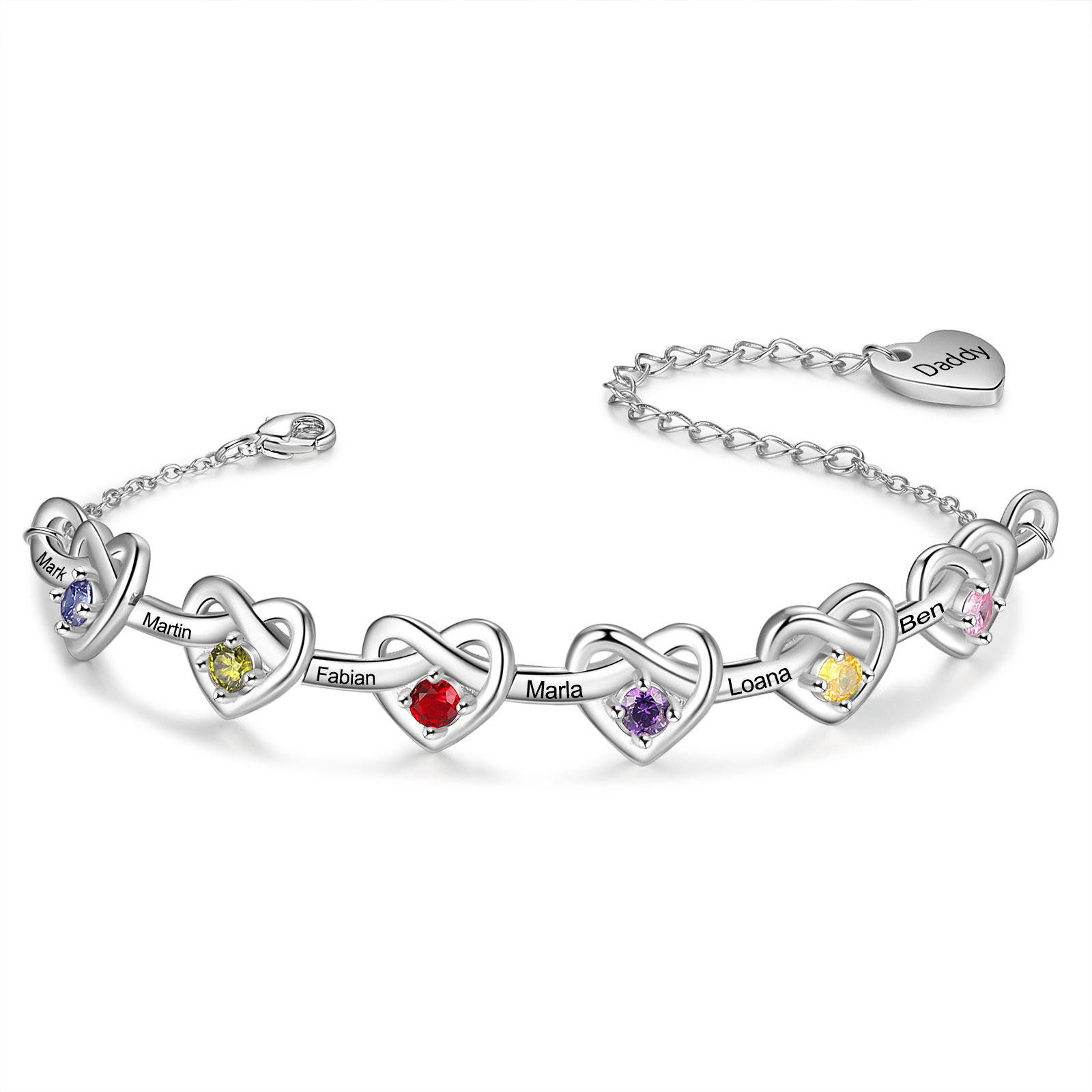 Personalized Women’s Birthstone Bracelet – Customised with 2-6 Names, Birthstones & 1 Engraved Text, Heart & Infinity Design – Valentine’s Day Gift for Her | Jessemade