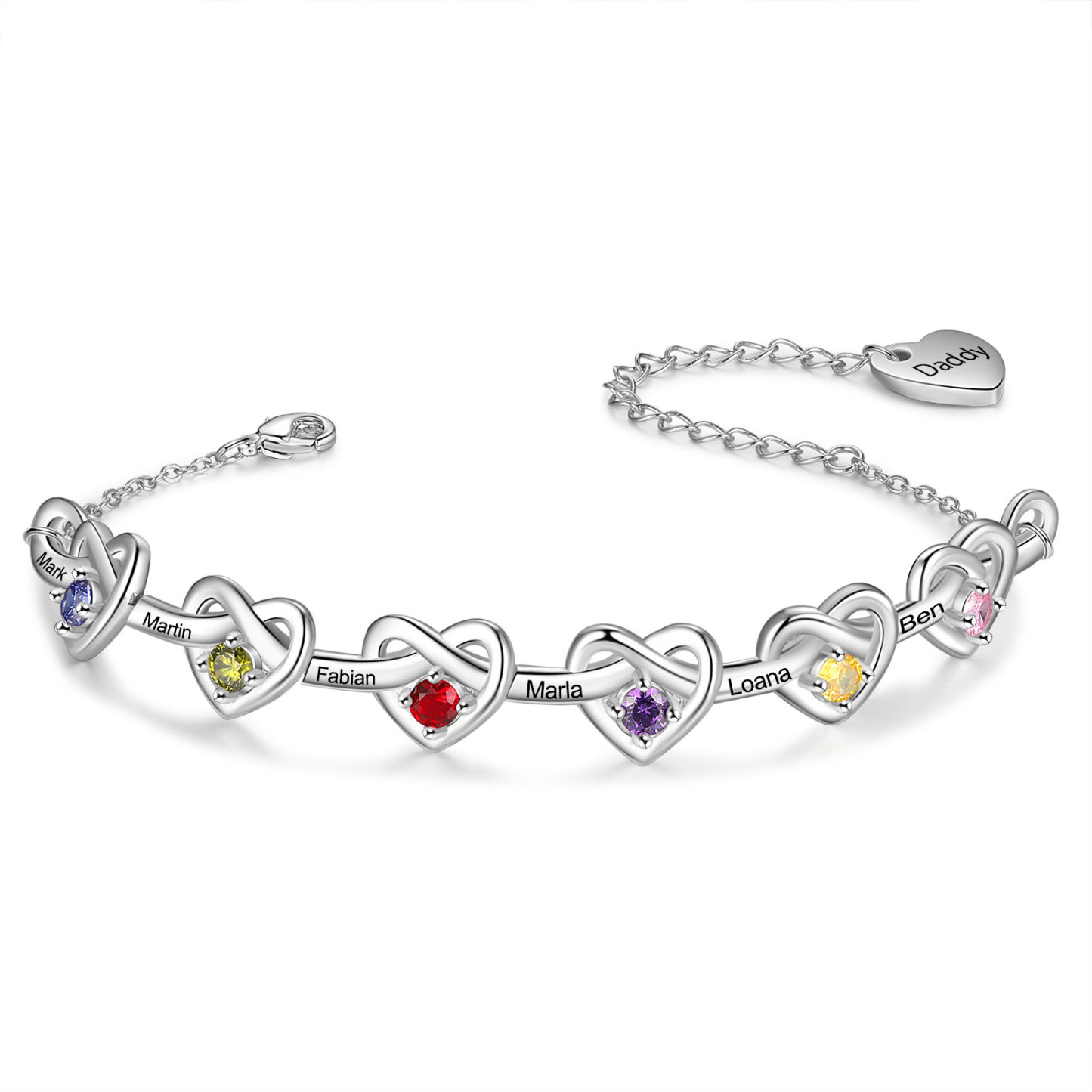 Personalized Women’s Birthstone Bracelet – Customised with 2-6 Names, Birthstones & 1 Engraved Text, Heart & Infinity Design – Valentine’s Day Gift for Her | Jessemade