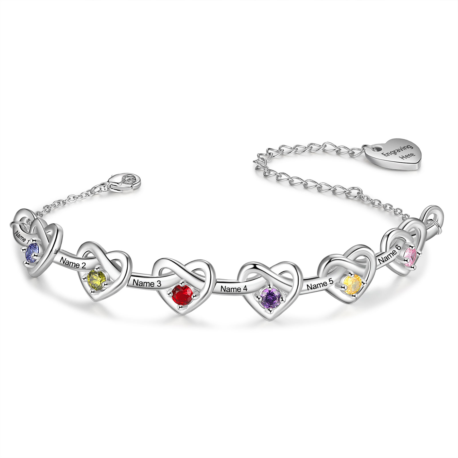 2-8 Names-Personalized Linked Heart Bracelet With 3 Birthstones Engraved Names And Text Bangle For Her | Jessemade