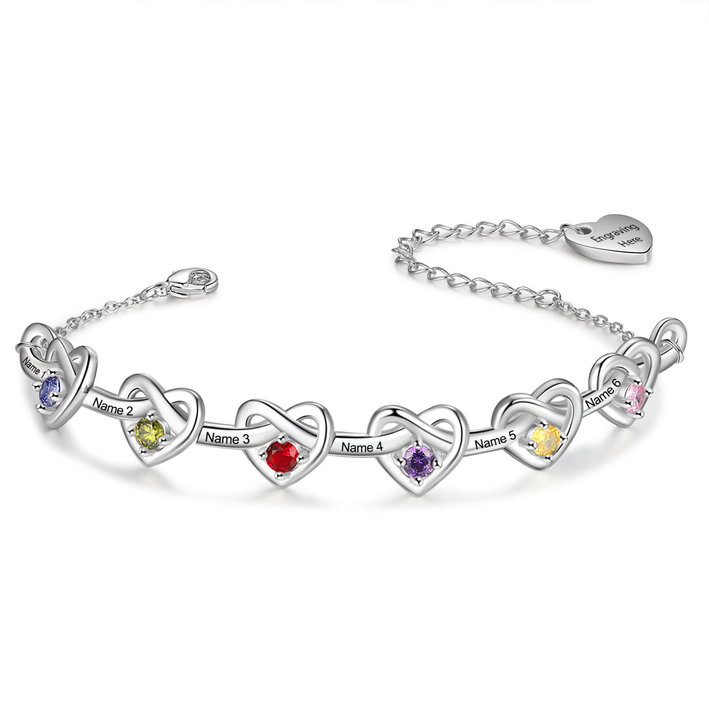 2-8 Names-Personalized Linked Heart Bracelet With 3 Birthstones Engraved Names And Text Bangle For Her | Jessemade