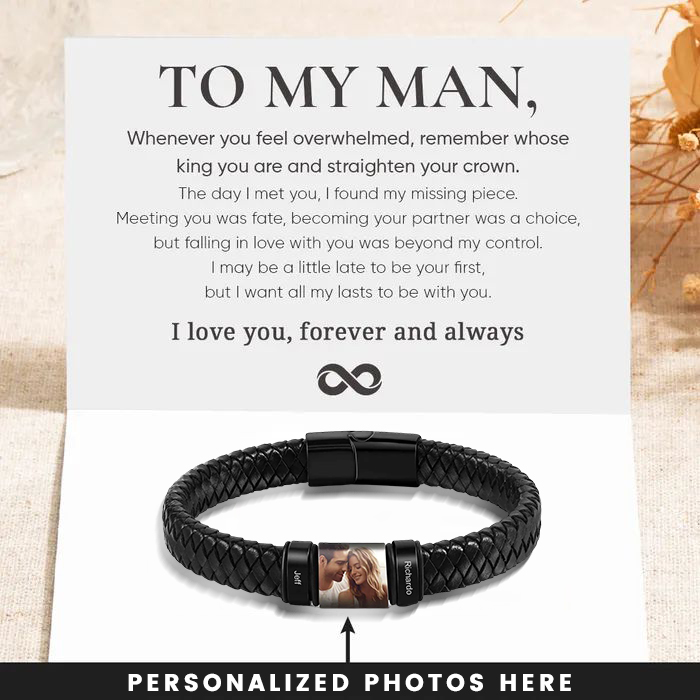 To My Man Personalized Customized Photo Stainless Steel Leather Bracelet Engraved 2 Names Men's Bracelet Gift for Him | Jessemade