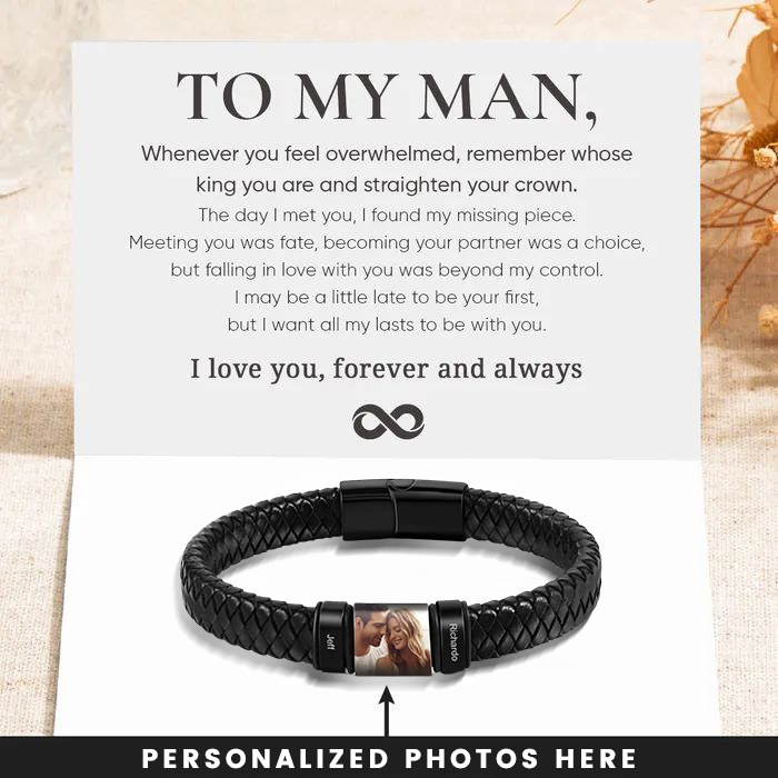 To My Man Personalized Customized Photo Stainless Steel Leather Bracel