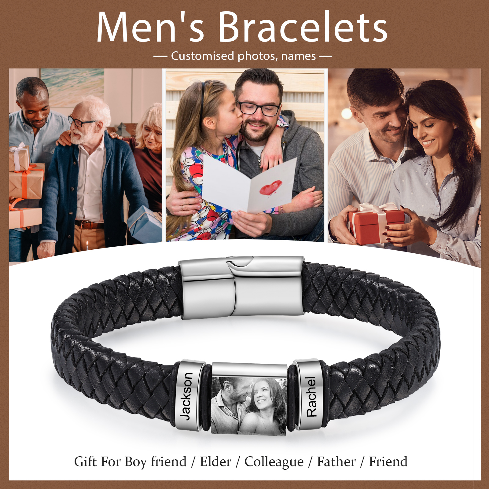 2 names - Custom Men's Bracelet with Name & Photo – Customize with Names & Picture | Personalized Gift for Him