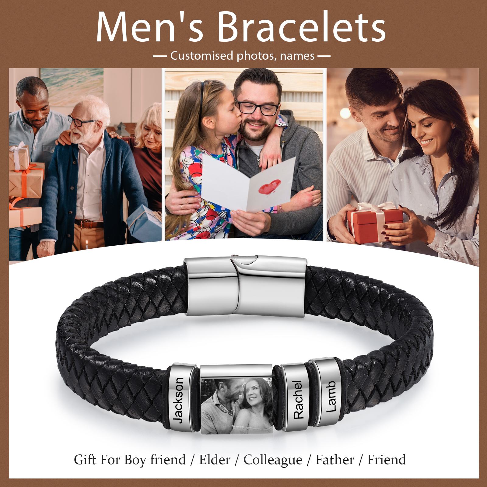 3 names - Custom Men's Bracelet with Name & Photo – Customize with Names & Picture | Personalized Gift for Him