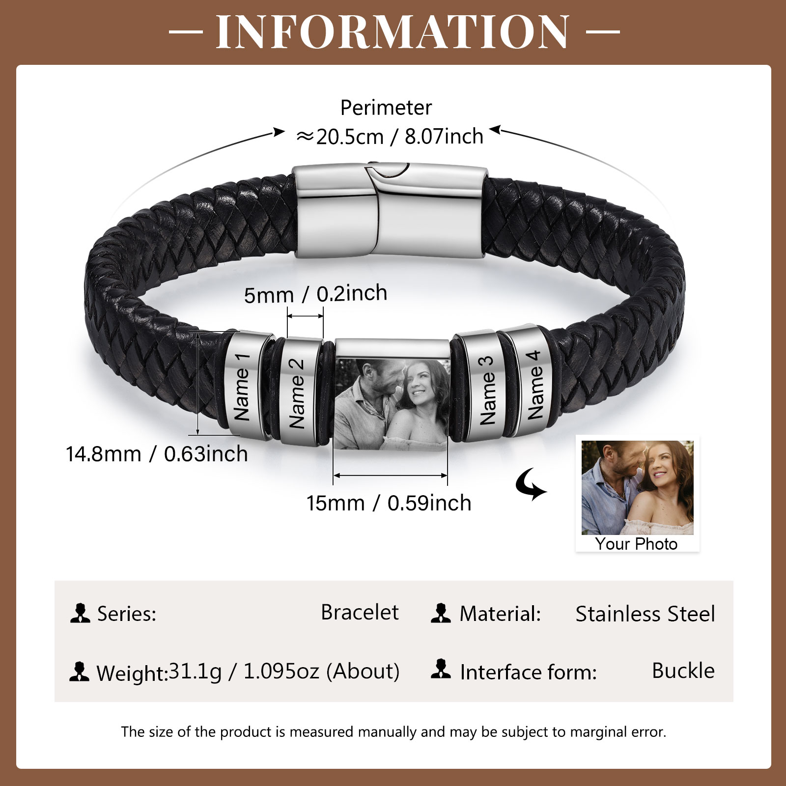 4 names - Custom Men's Bracelet with Name & Photo – Customize with Names & Picture | Personalized Gift for Him