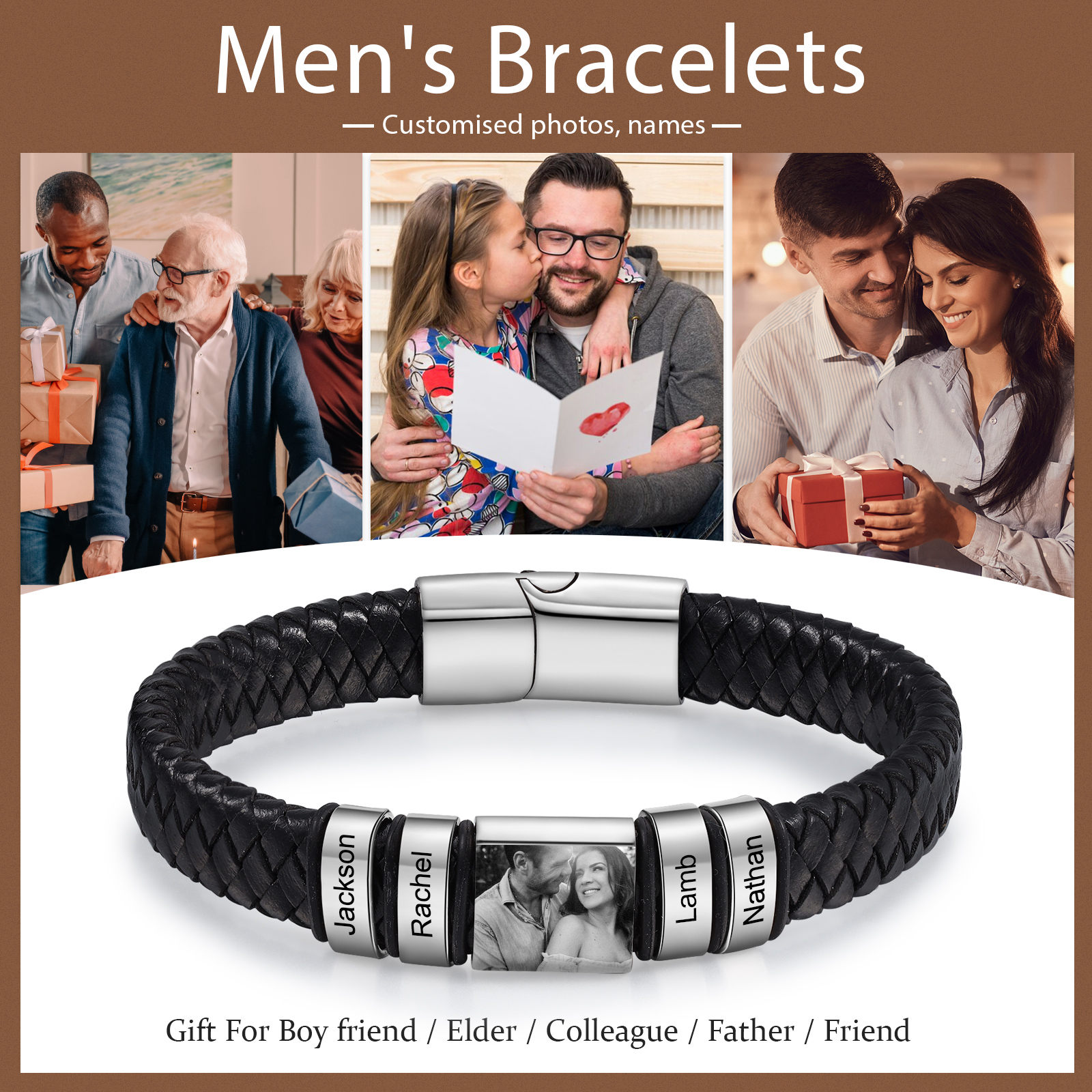 4 names - Custom Men's Bracelet with Name & Photo – Customize with Names & Picture | Personalized Gift for Him