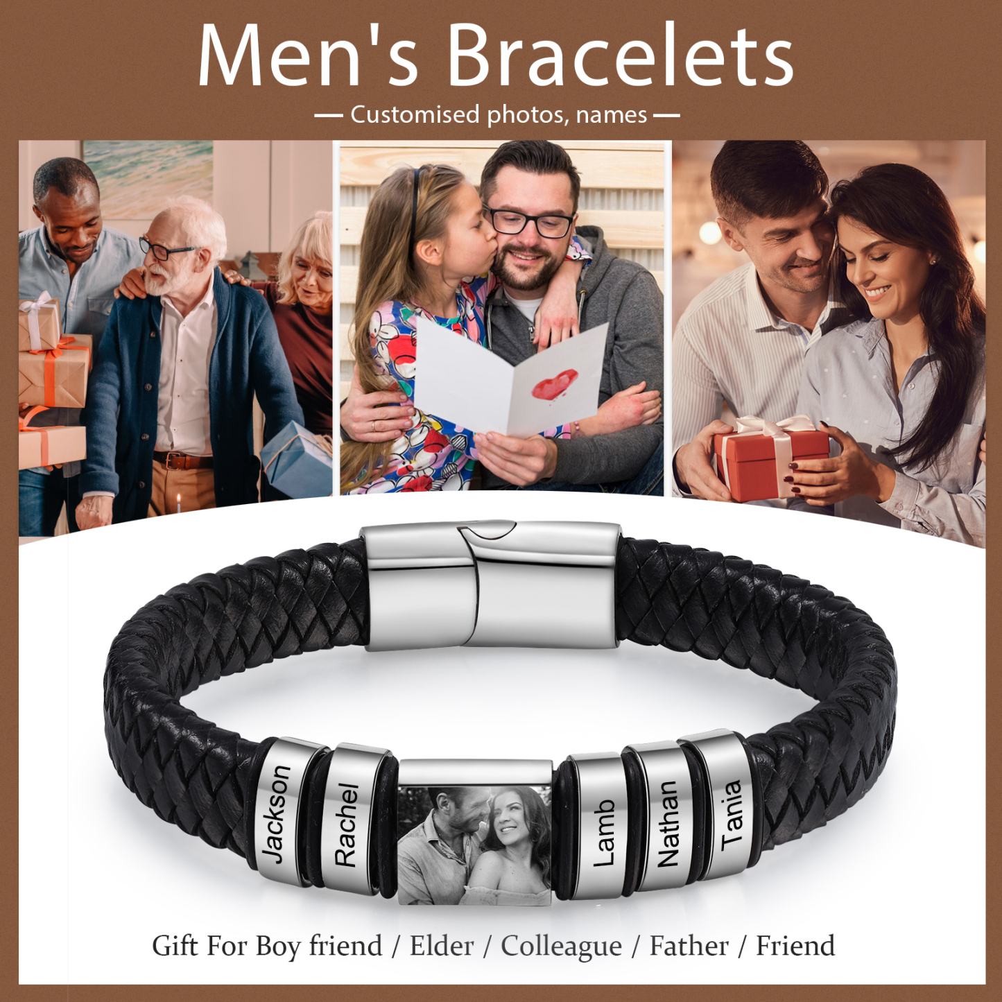 5 names - Custom Men's Bracelet with Name & Photo – Customize with Names & Picture | Personalized Gift for Him