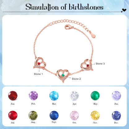 3 Names-Personalized Heart Bracelet With 3 Birthstones Engraved Names Bangle For Her