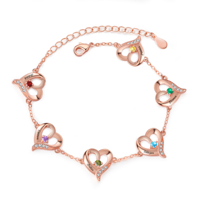 6 Names-Personalized Heart Bracelet With 6 Birthstones Engraved Names Bangle For Her