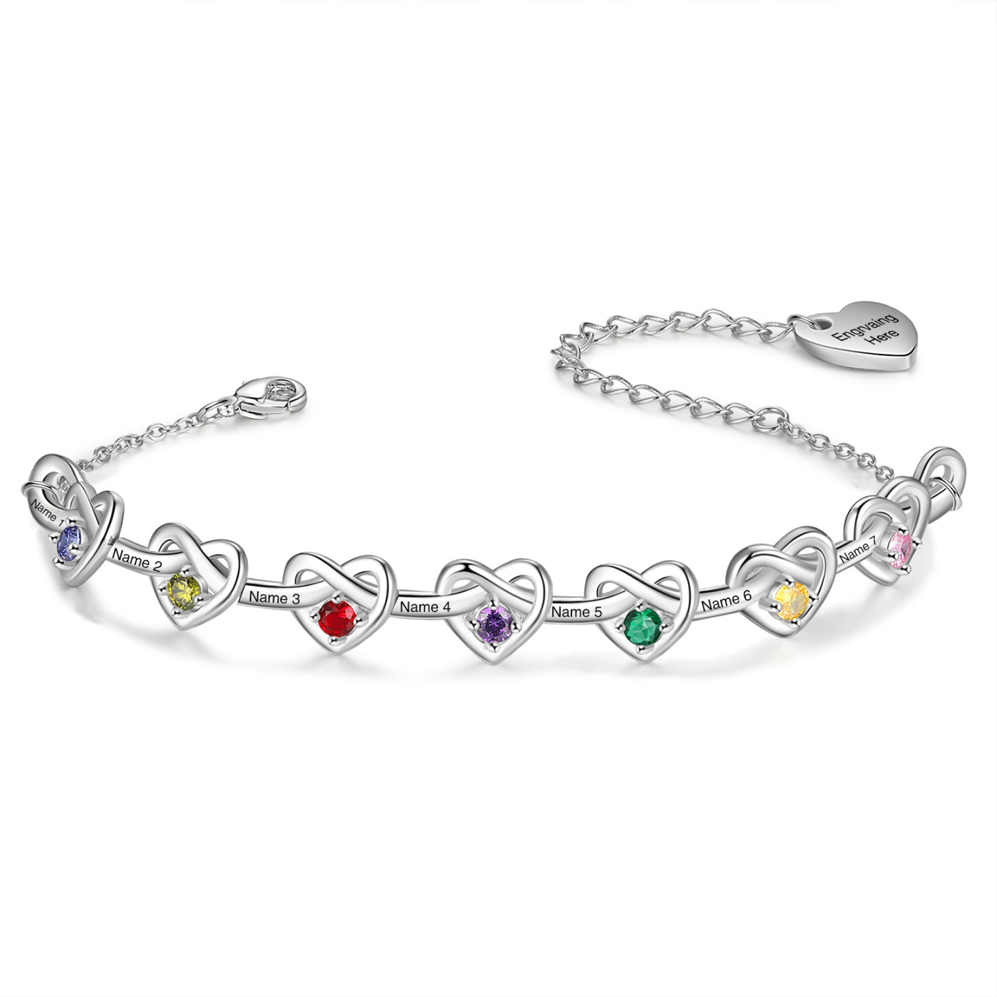 2-8 Names-Personalized Linked Heart Bracelet With 3 Birthstones Engraved Names And Text Bangle For Her | Jessemade