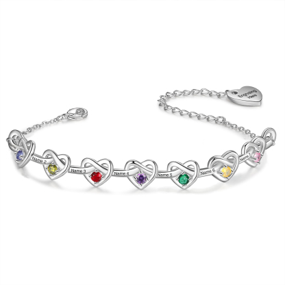 2-8 Names-Personalized Linked Heart Bracelet With 3 Birthstones Engraved Names And Text Bangle For Her | Jessemade