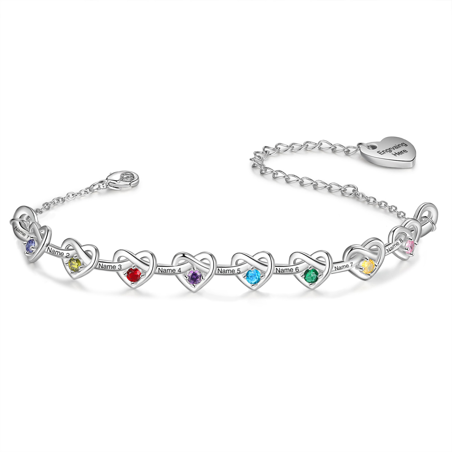 2-8 Names-Personalized Linked Heart Bracelet With 3 Birthstones Engraved Names And Text Bangle For Her | Jessemade