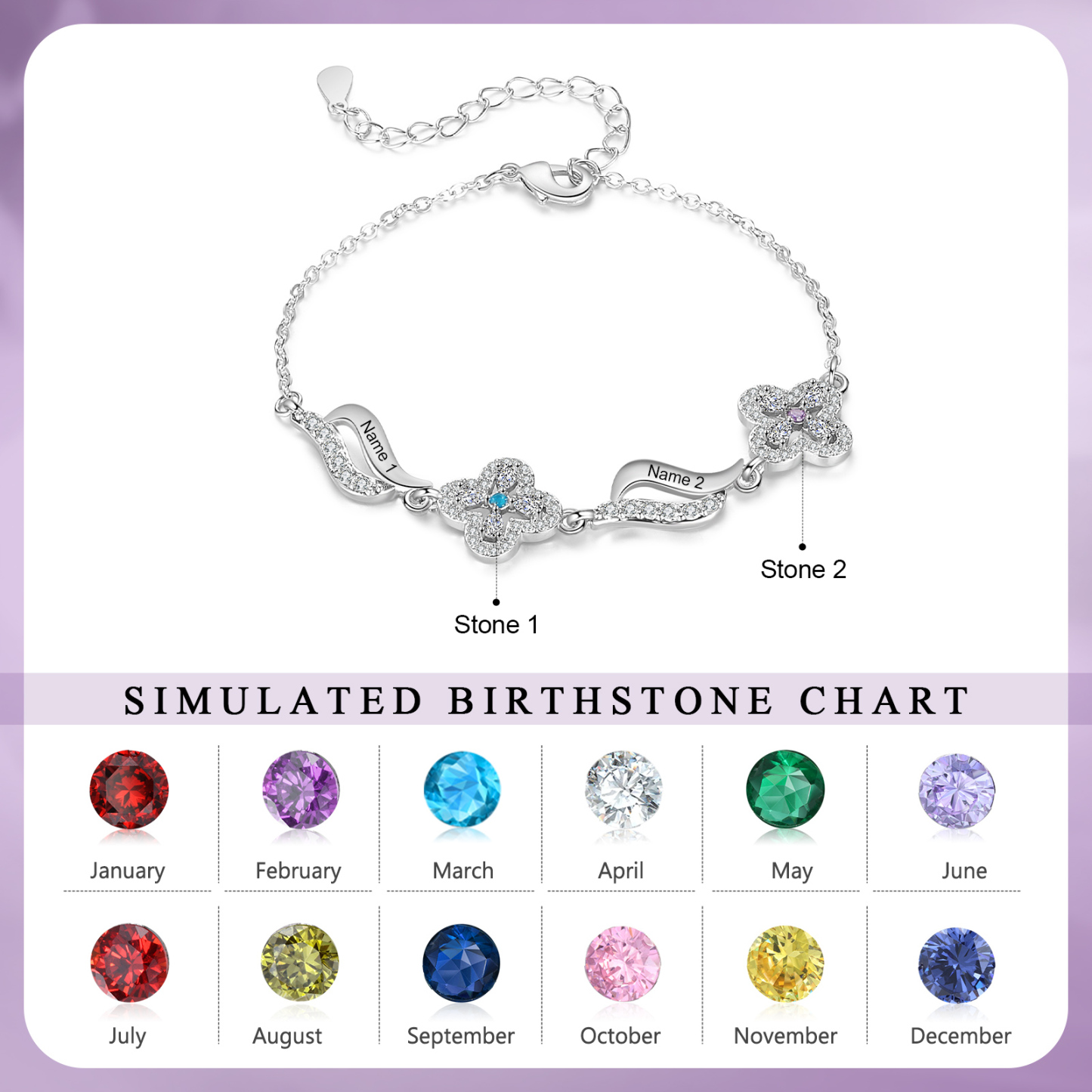 2 Names - Personalized Birthstone Bracelet, Customized 2 Names and Birthstone, Flower Bracelet Gift for Nan