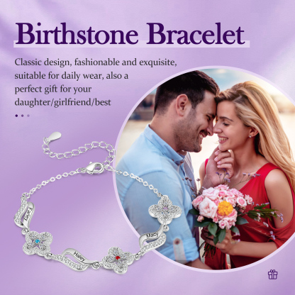 3 Names - Personalized Birthstone Bracelet, Customized 3 Names and Birthstone, Flower Bracelet Gift for Nan