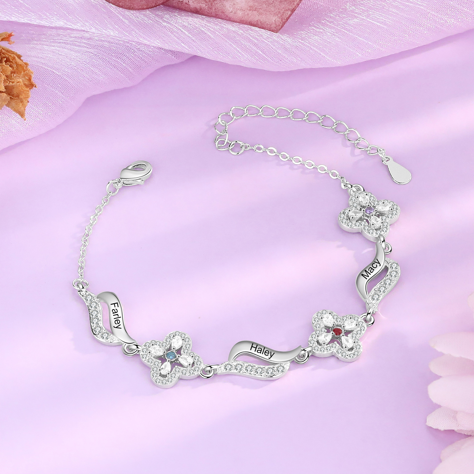 3 Names - Personalized Birthstone Bracelet, Customized 3 Names and Birthstone, Flower Bracelet Gift for Nan