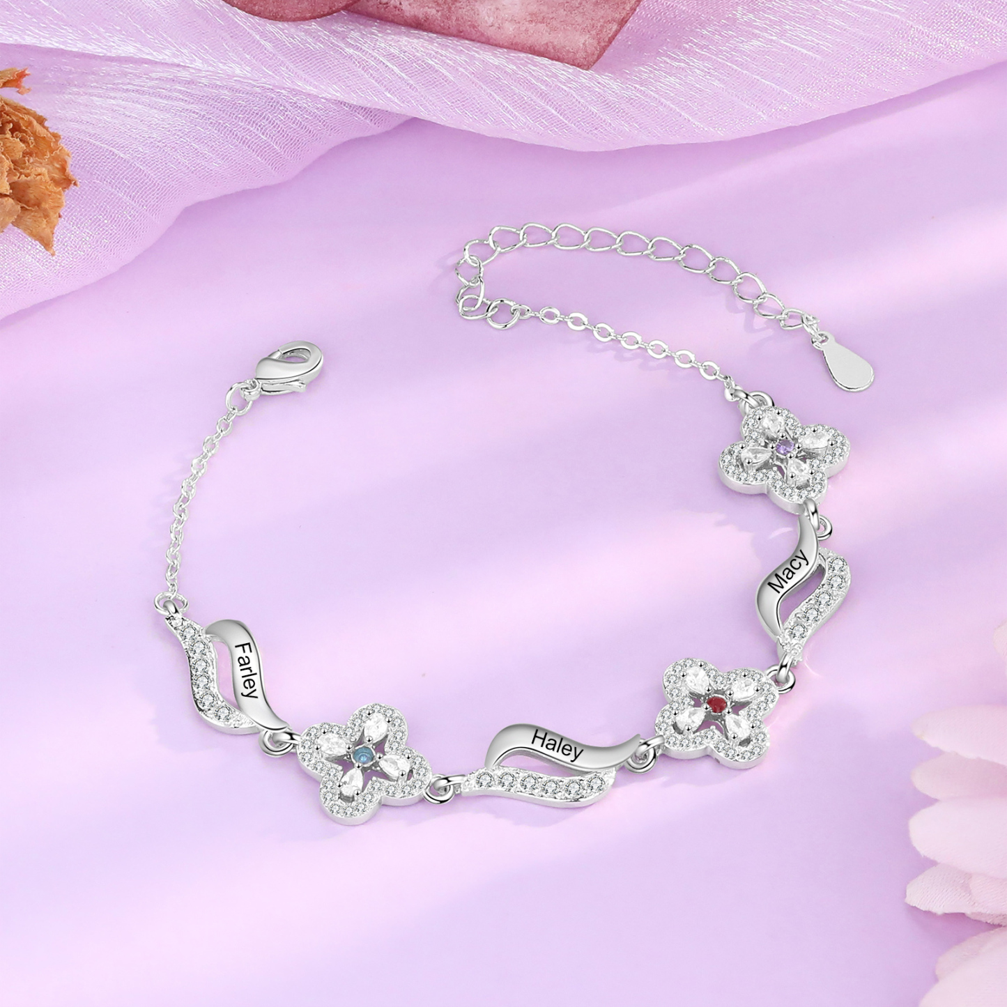 3 Names - Personalized Birthstone Bracelet, Customized 3 Names and Birthstone, Flower Bracelet Gift for Nan