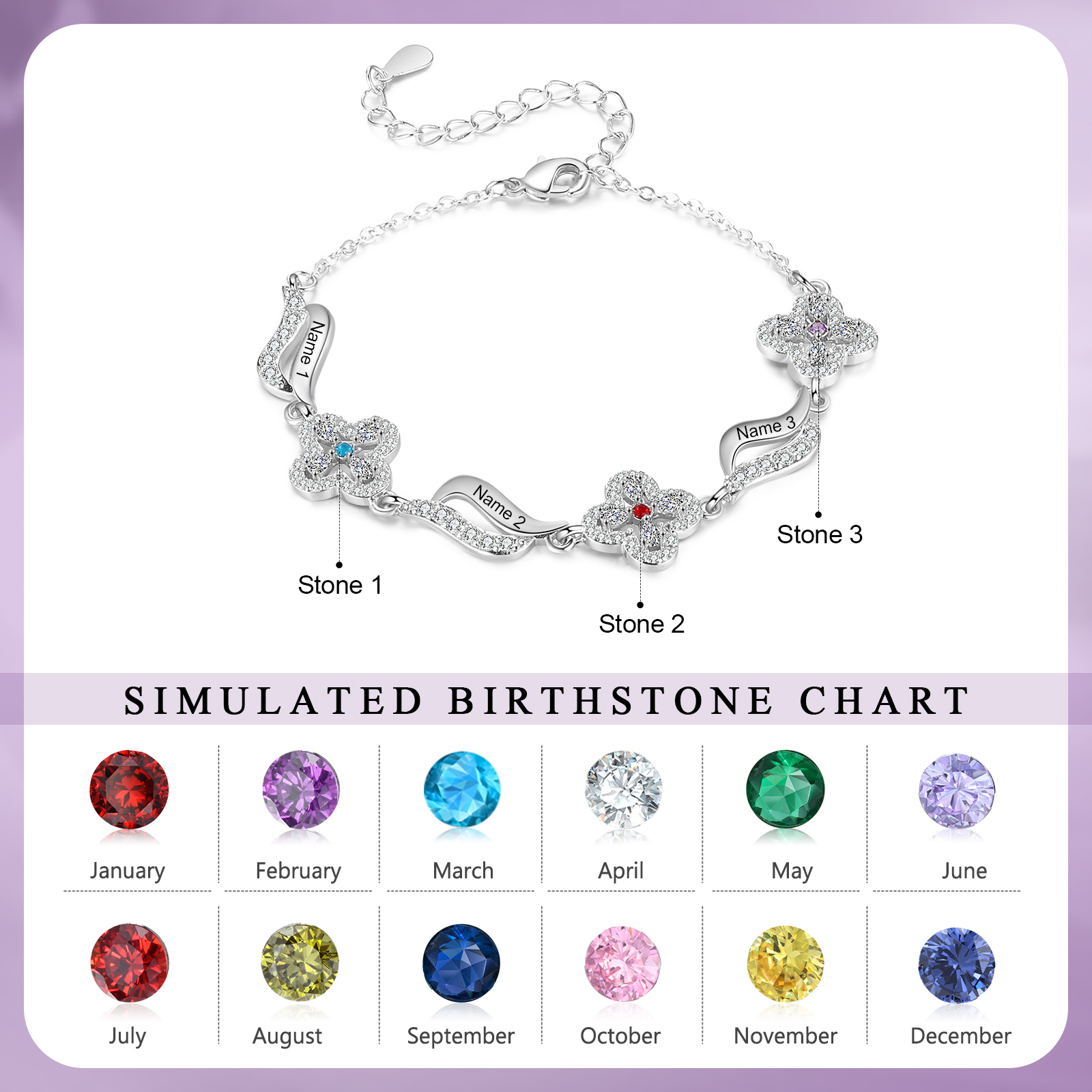 3 Names - Personalized Birthstone Bracelet, Customized 3 Names and Birthstone, Flower Bracelet Gift for Nan