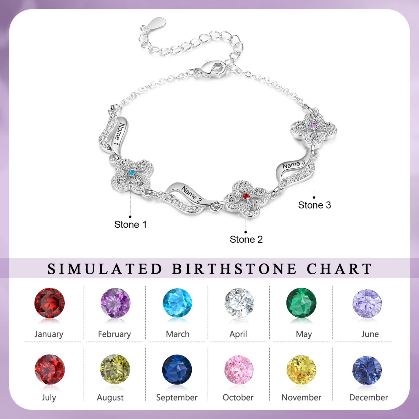3 Names - Personalized Birthstone Bracelet, Customized 3 Names and Birthstone, Flower Bracelet Gift for Nan