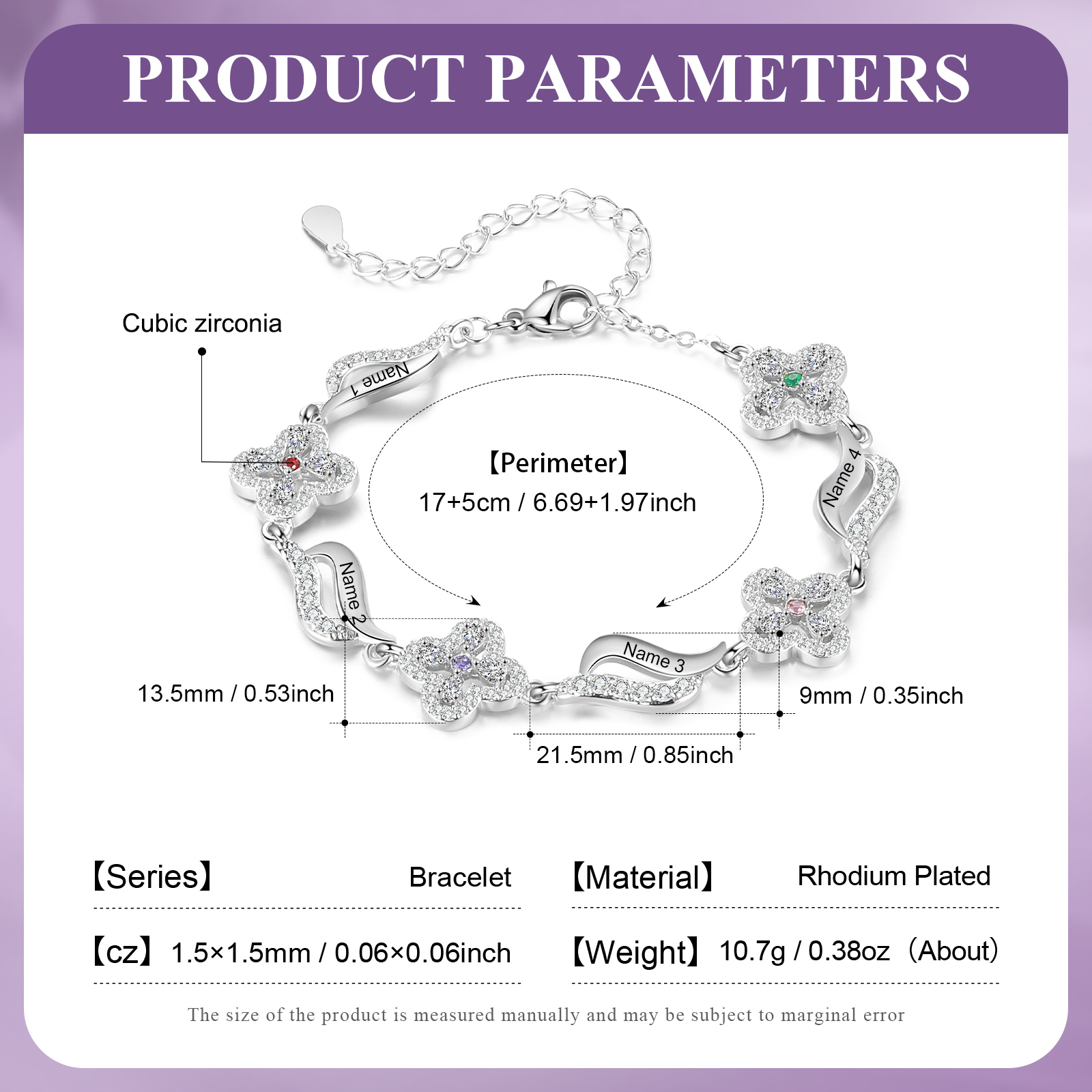 4 Names - Personalized Birthstone Bracelet, Customized 4 Names and Birthstone, Flower Bracelet Gift for Nan